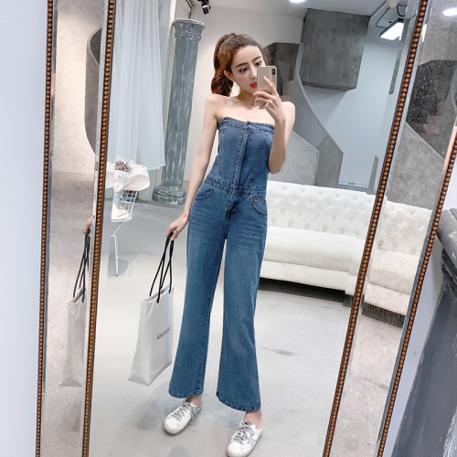 Real price 2021 new French retro jeans wide leg pants super immortal backless slim fit Strapless Jumpsuit