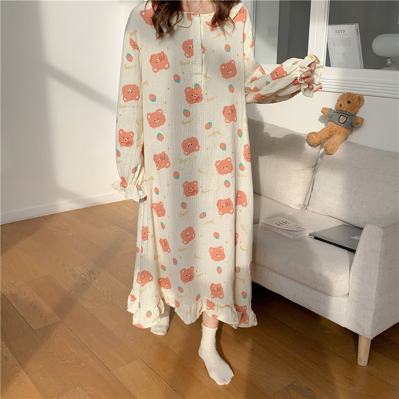 Real price Korean cotton cute bear head printed casual Pajama dress