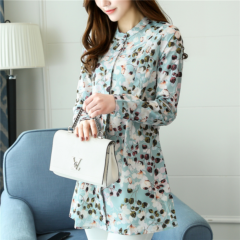 Real shooting of autumn new women's shirt Korean long sleeve printed chiffon shirt women's medium and long sunscreen Shirt Top