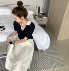 YUYEE_ Retro polo shirt women's short sleeve knitted T-shirt 2021 new cute little shirt solid / Stripe Lapel top