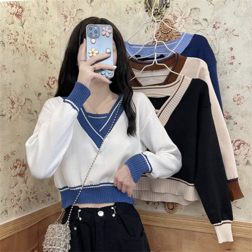 Real price real shooting early autumn new women's blouse V-neck French retro fake two-piece short sweater