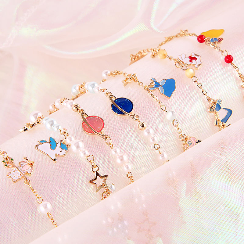 Korean pearl cartoon chain girl student simple alloy bracelet lovely net red girl flower Anklet