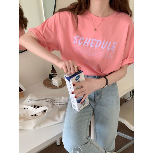 Real shot Pink Short Sleeve T-Shirt women's summer loose and versatile student top