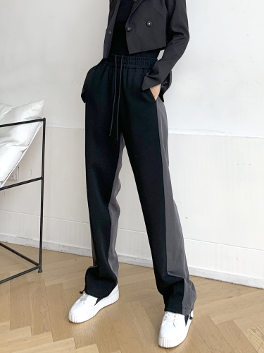 Large wide leg pants women's high waist hanging contrast color stitching casual floor dragging straight sports Leggings