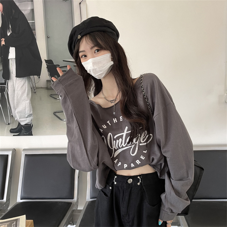 Real price real shooting high waist exposed navel short sweater women's autumn loose leisure long sleeve round neck top
