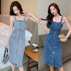 Real shot new style waist closing dress with strap and sexy single breasted mid length denim suspender skirt