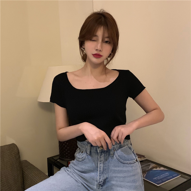 Real shot real price Korean spring and summer basic show thin square collar and mix and match short knitted shirt top