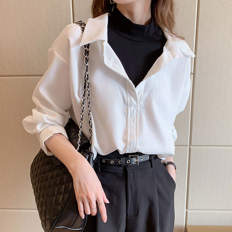 Fake two shirts women's spring and autumn new Hong Kong style retro design sense of minority coat folding light bottomed shirt