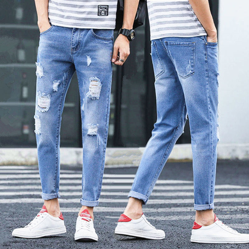 Summer new Capris for young men with broken holes and small feet