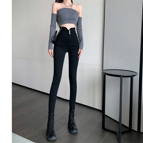 Real shooting and real price early autumn breasted high elastic washing water  high waist slim slim slim legged women