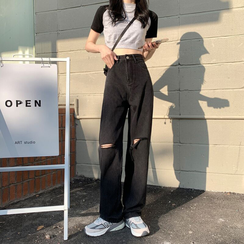 Black high waist pierced straight jeans women's spring and autumn 2021 new loose, thin and drooping wide leg floor pants