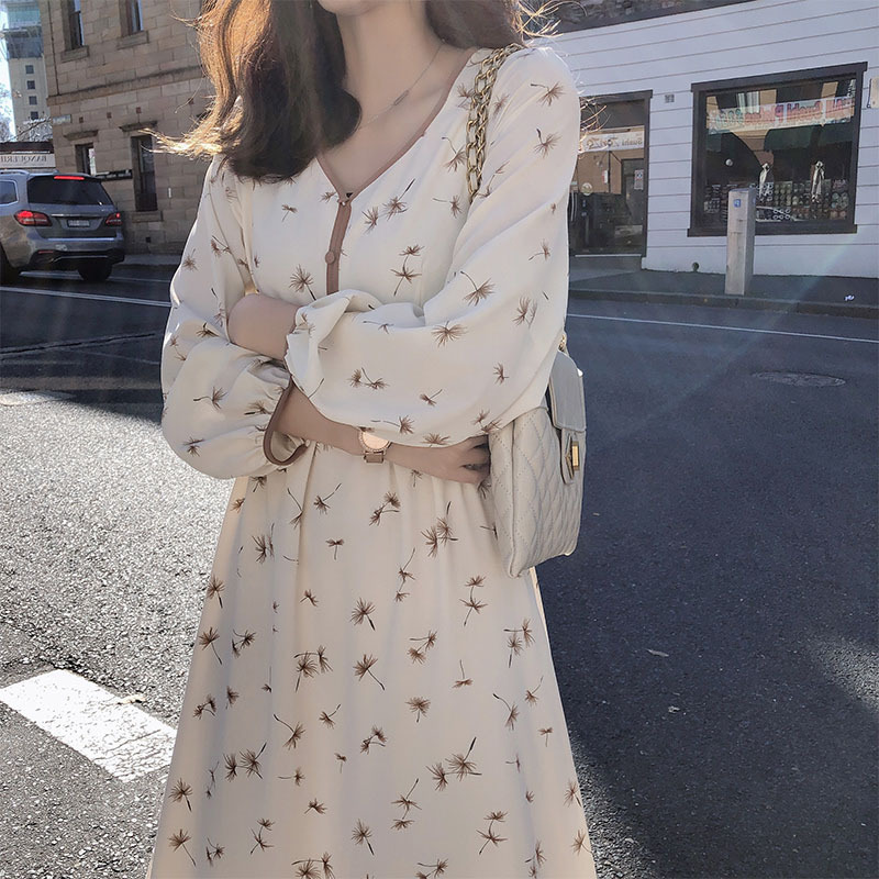 2021 spring and autumn winter new lady Chiffon slim and slim medium and long skirt broken flower temperament small fragrance dress