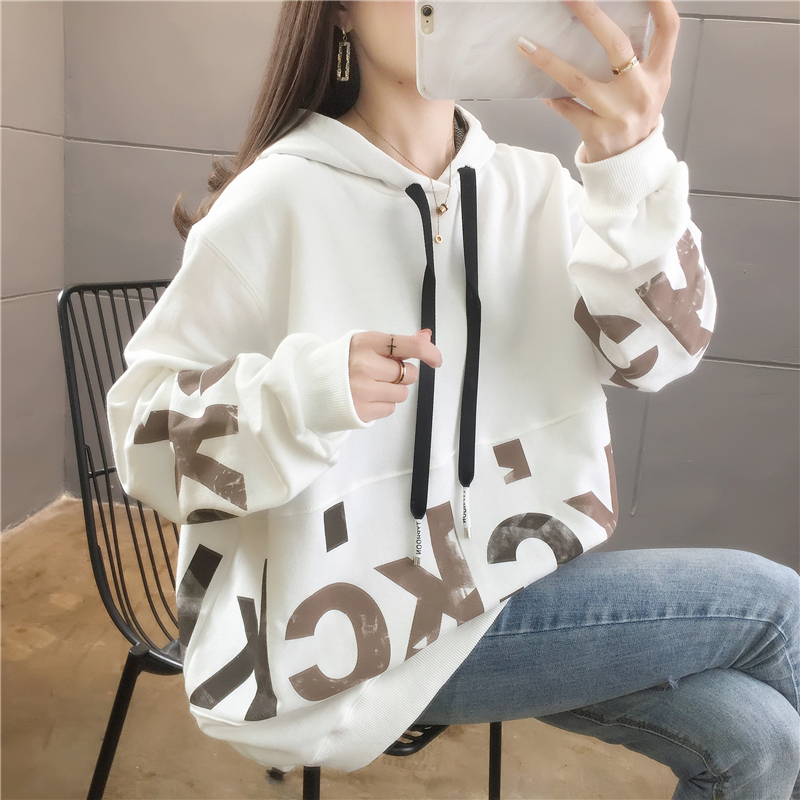 Real shot Cotton Hooded fake two pieces of women's sweater loose Korean spring and autumn thin top