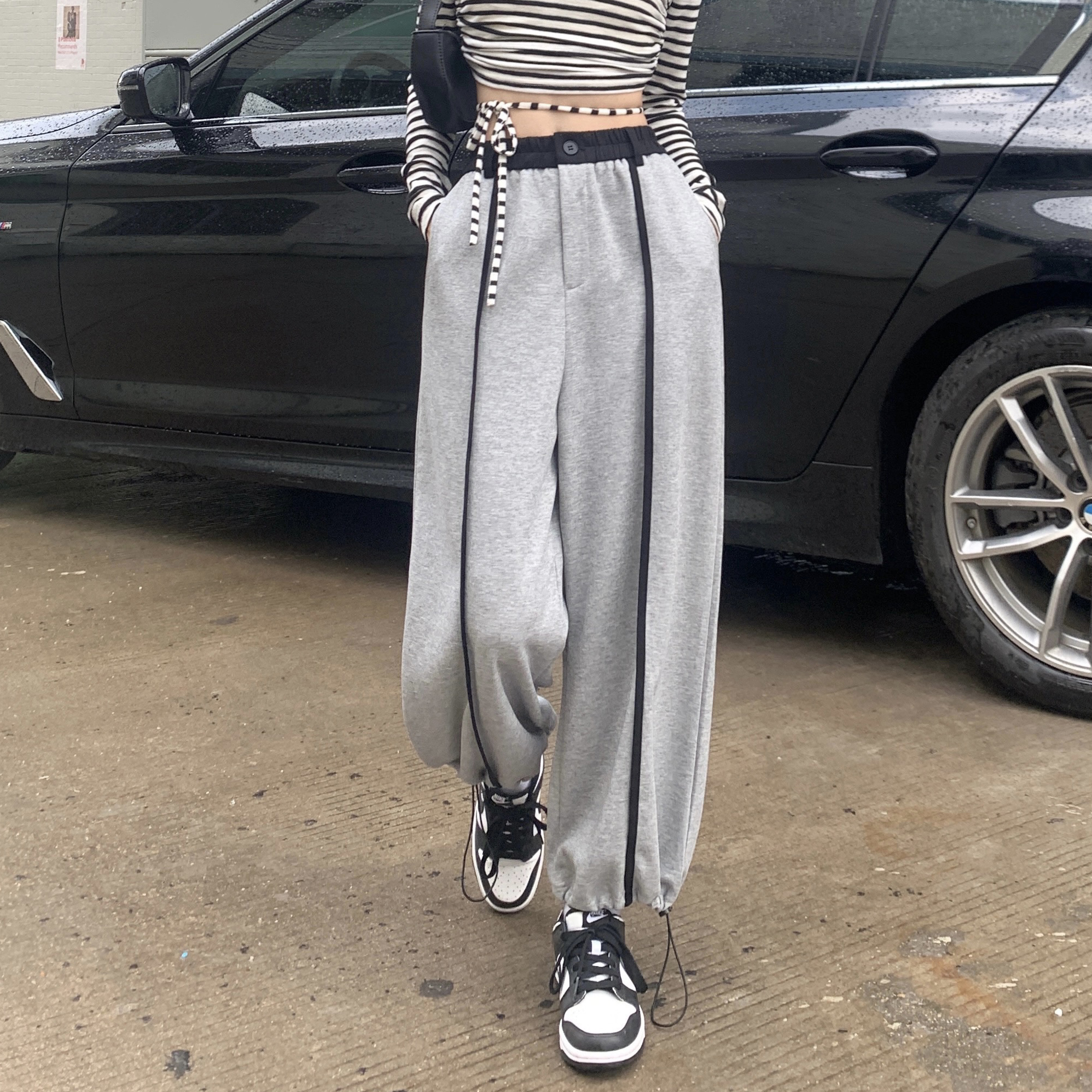 Real shooting real price autumn pocket elastic waist simple and loose closing foot versatile casual pants long leg pants