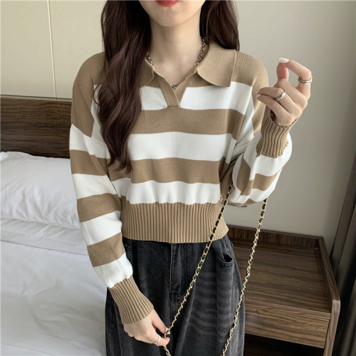 Real shooting and real price autumn Korean version Lapel stripe contrast long sleeve short Pullover Sweater sweater sweater