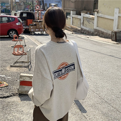 Spring Korean 2021 new loose BF style front and back printing antique sense hoodless fashion versatile long sleeved women's sweater