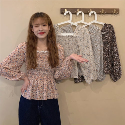 Real price real shooting early autumn lace square neck bubble sleeve broken Flower Chiffon shirt women's sweet long sleeve top