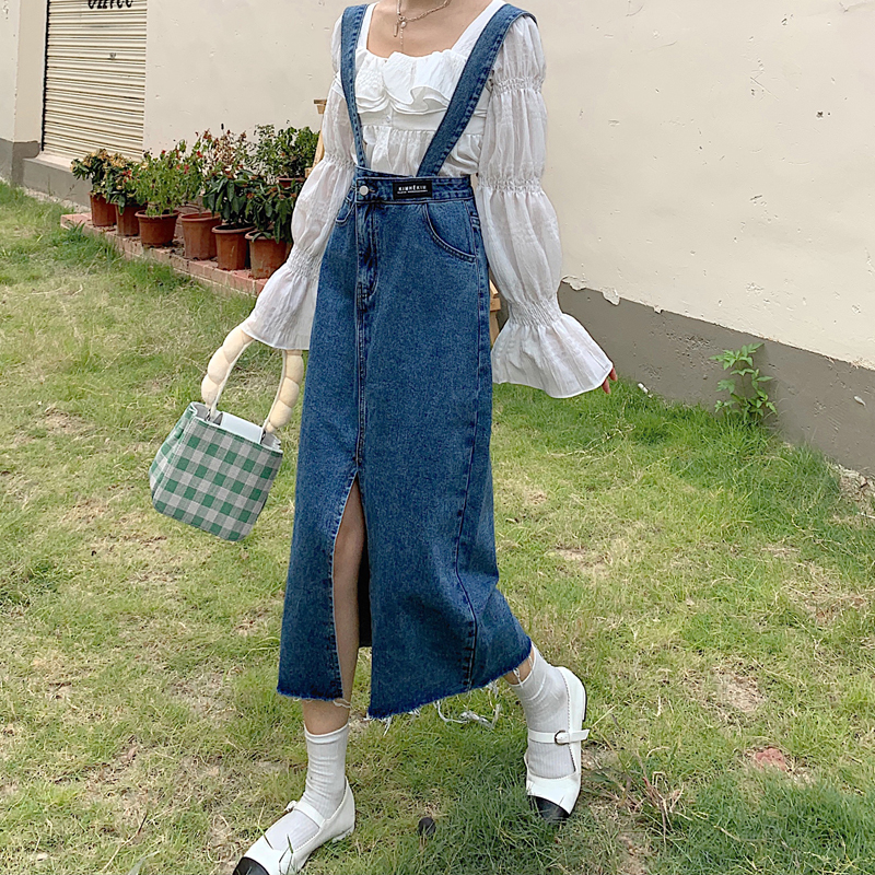 Real shot real price Korean strap slit medium and long denim skirt women's 2021 autumn high waist irregular skirt