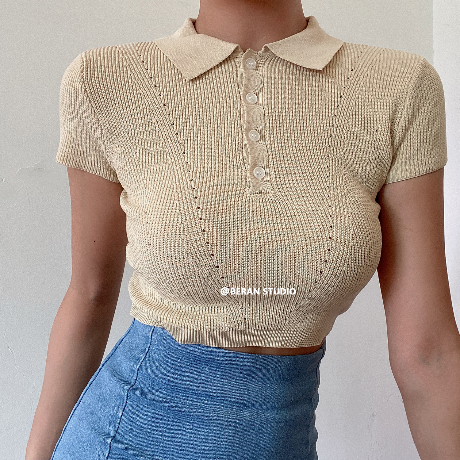 Belan retro cute little Lapel French hollow buckle high waist short thin short sleeve T-shirt