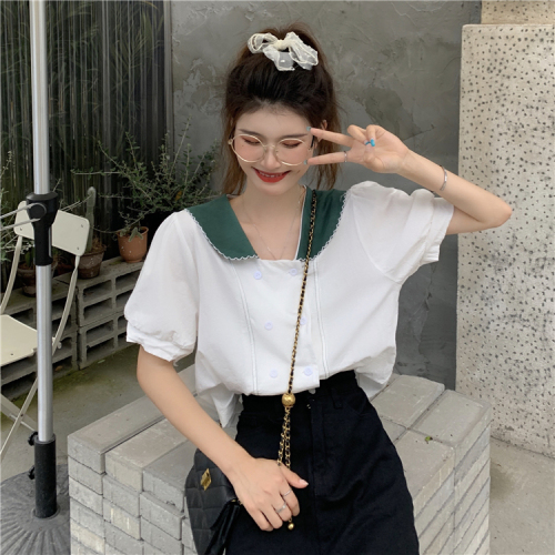 Real price real shooting bubble short sleeve white shirt women's summer design double breasted short doll collar top