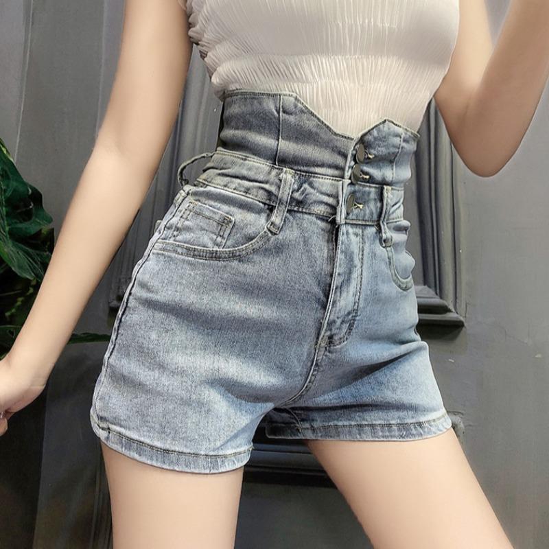 Short pants summer 2021 new super high waist thin net red casual light denim Waist Wide Leg Pants lady