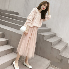 French Platycodon grandiflorum first love skirt 2021 new fairy net skirt suit loose knit sweater two piece set