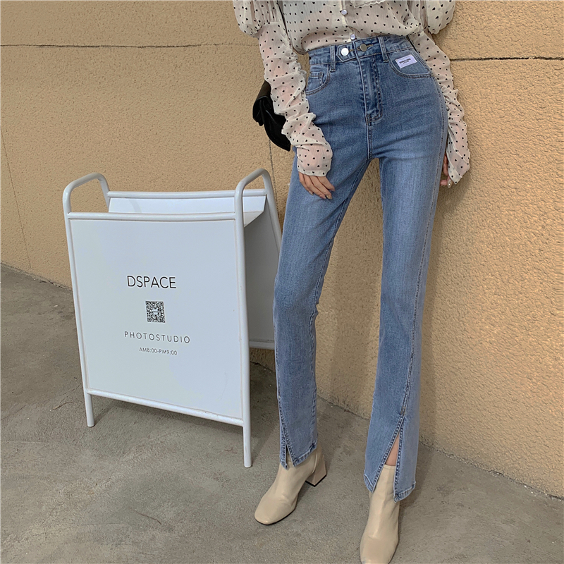 Real price! Front split jeans children's light color micro horn pants high waist thin straight pants