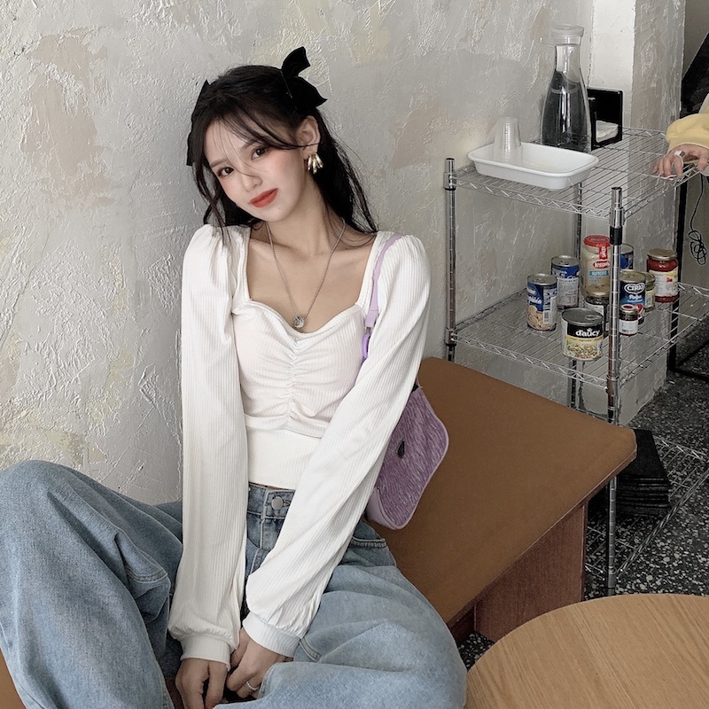 Real price shot small hole strip high waist short style simple show thin T-shirt versatile Lantern Sleeve bottoming Shirt Top