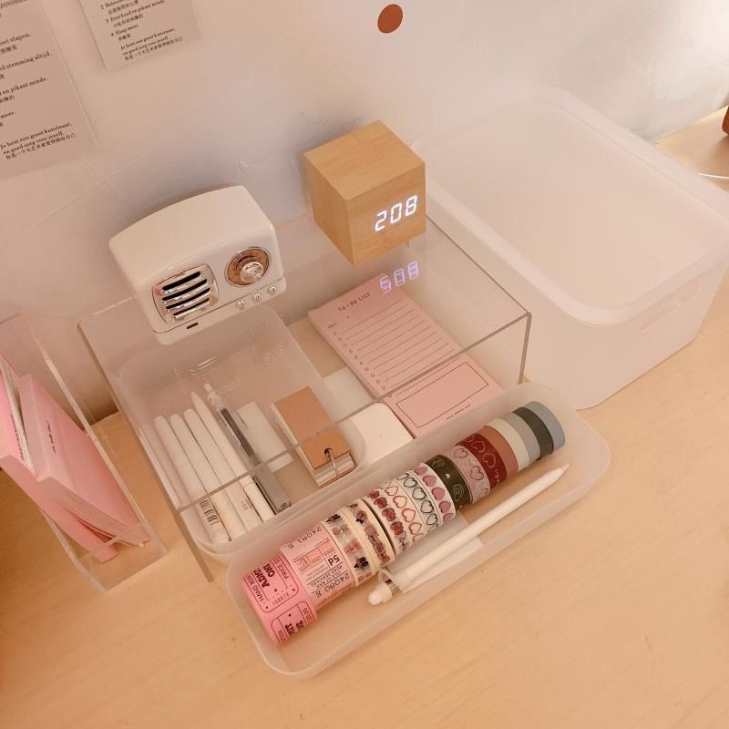 Ins tiktok, red stationery desktop storage box, no print pad, cosmetic, abrasive, and transparent cover.