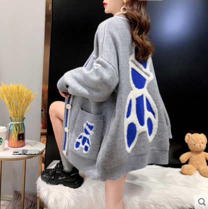 Popular lazy style sweater cardigan women's middle length, loose, wearing fairy knitted coat, spring 2021 new style