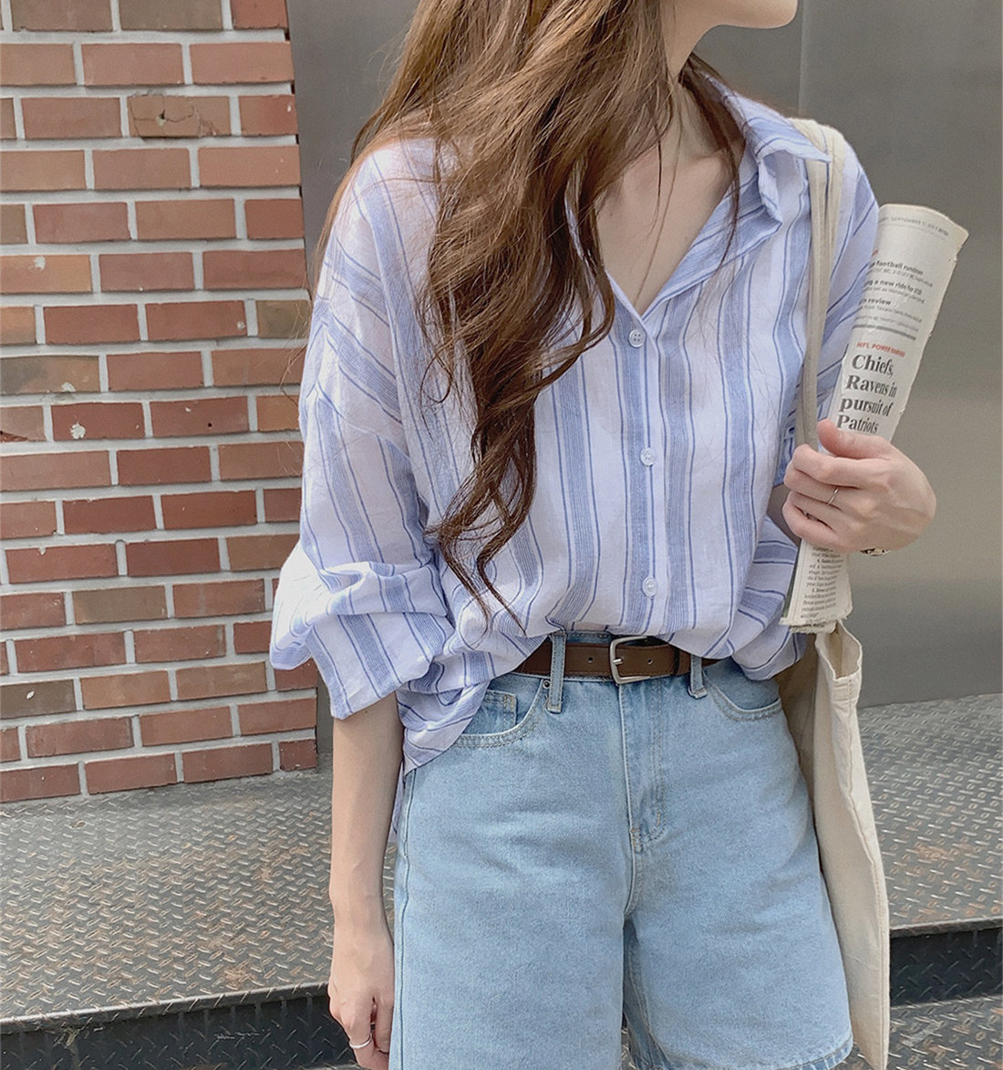 Korean version loose lazy simple stripe long sleeve shirt sunscreen shirt