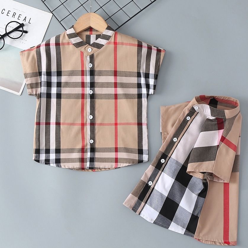 Boys' short sleeve summer new cool check Lapel shirt Korean cotton baby stand collar cardigan loose thin