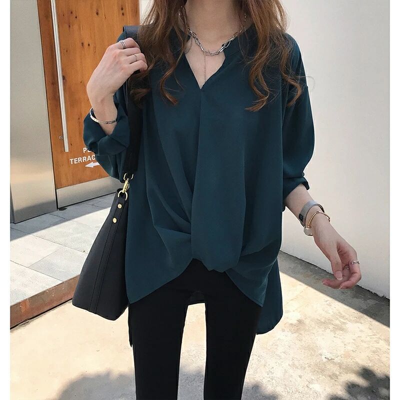 Large women's new simple temperament shirt women's autumn versatile long sleeve top loose BF shirt bottomed shirt