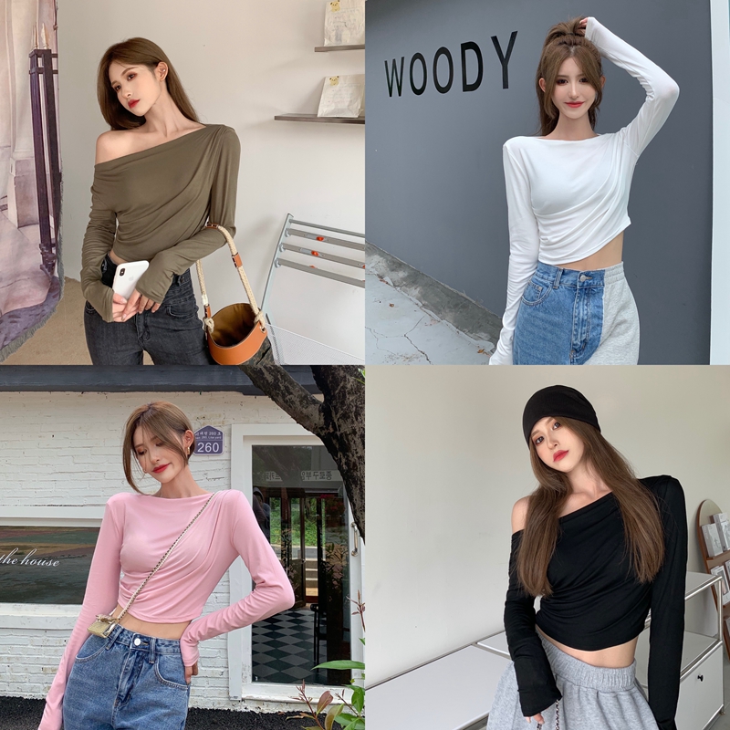 Real shooting of autumn Hong Kong flavor pure desire wind inclined shoulder short exposed navel outer wearing bottomed shirt sexy wrinkled off shoulder T-shirt