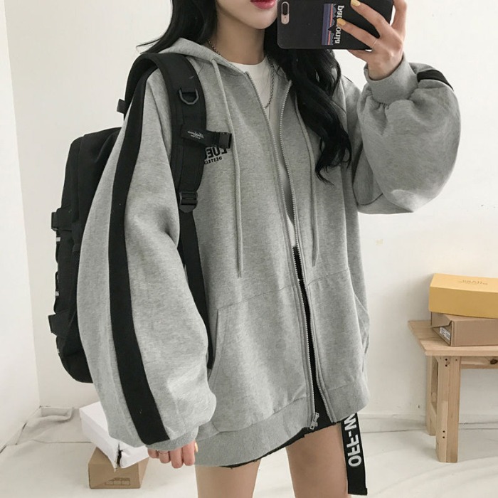 Net red spring and autumn new yuansuo style sweater women's hooded cardigan student sports long sleeve coat gray thin