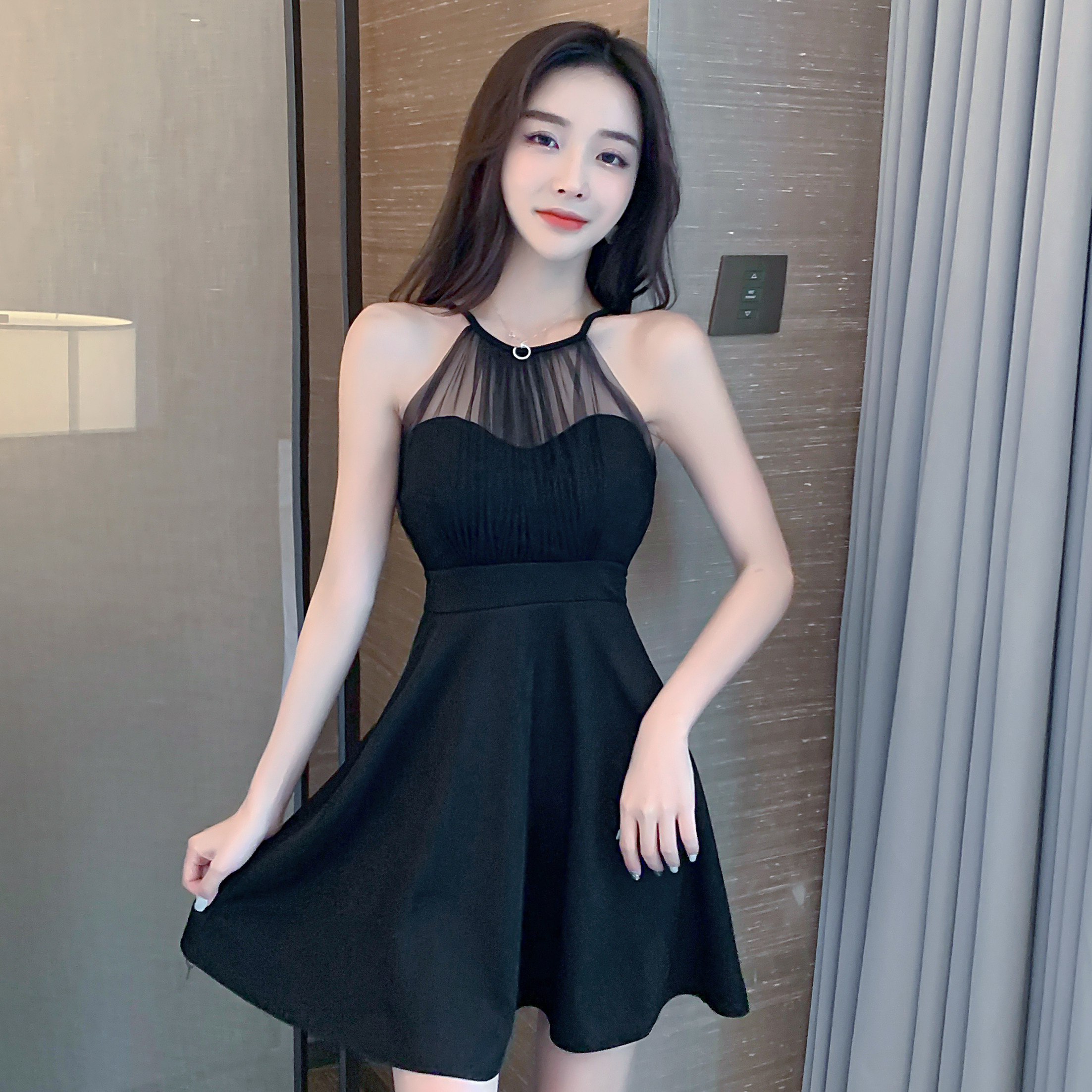Real shooting new women's clothing sexy fashion air hollowed out cover belly hang neck short skirt nightclub dress