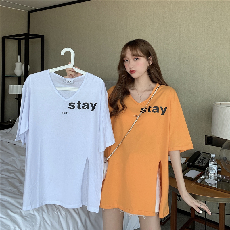 Korean loose lazy style fashion design sense split short sleeve T-shirt women's summer fashion V-neck letter casual top