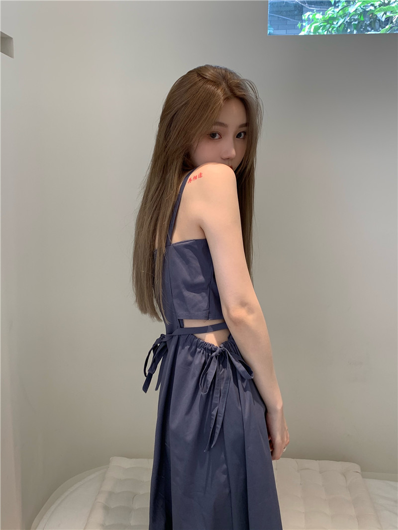 Real shot real price air grey blue simple waist hollow back LACE SLING DRESS