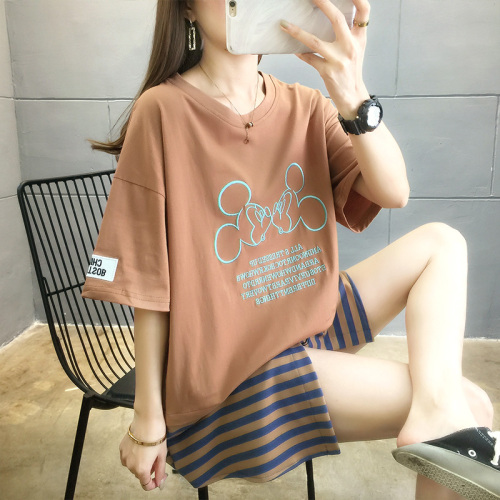 Real shot pure cotton T-shirt fake two pieces of pure cotton short sleeve T-shirt summer women's wear 200kg embroidered top fashion