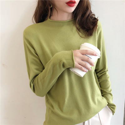 Avocado green sweater for women in autumn and winter with a half high collar bottomed shirt loose and thin, wearing a Pullover Sweater outside