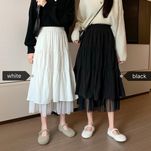 Real picture real price new picture Korean version elastic waist splicing pleated skirt half skirt with mesh edge big swing skirt