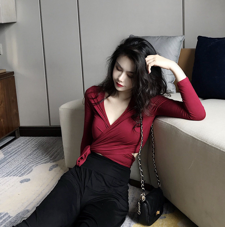 Solid color slim fit lace up long sleeve T-shirt women's new collar short bottomed cardigan gas bottomed belly button top