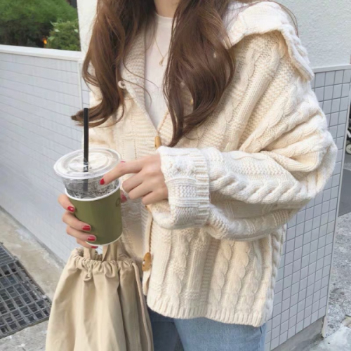 Autumn New Korean Chic Academy Wind Coarse Wool Knitted Open Sweater Female Navy Neck Coat Overcoat