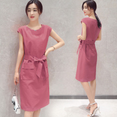 Summer dress with belt for free new Korean women's slim and medium length cotton and hemp breathable dress