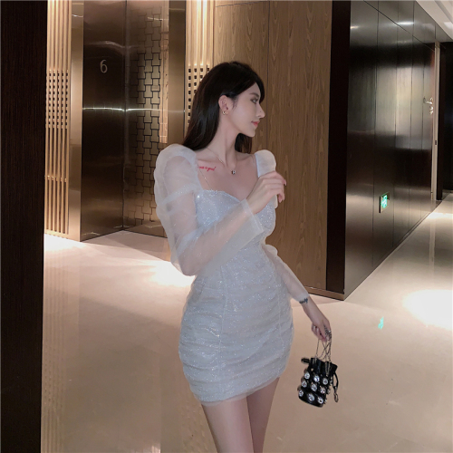 Real shooting and real price autumn new Thai fashion brand long sleeve collar Strapless Sequin mesh slim wrap hip skirt