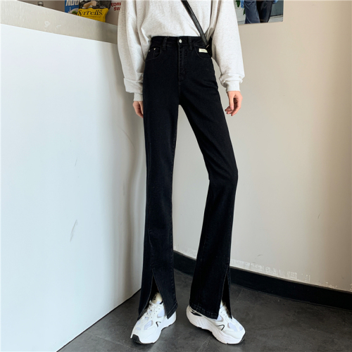 Real shooting split jeans micro flared pants women's high waist shows a sense of thin fall 2021 new floor pants