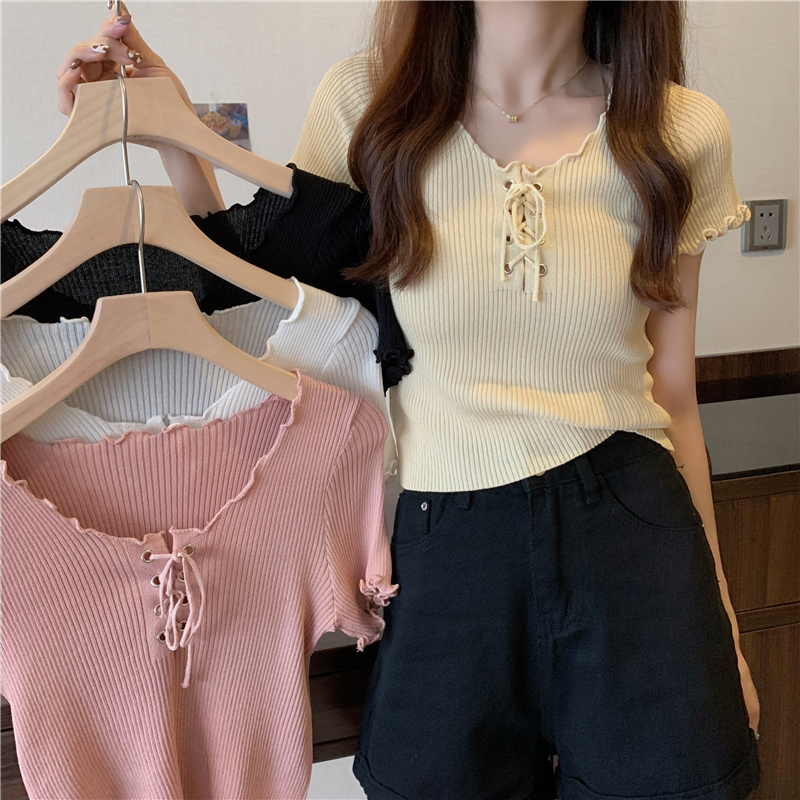 Korean foreign style bandage versatile thin short top women's summer fashion design small crowd shoulder short sleeve T-shirt