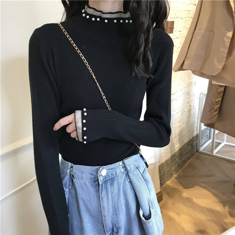 Real price real shot fungus edge half high collar white bottomed shirt women's spring and autumn long sleeved sweater