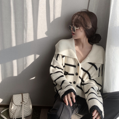 Autumn and winter Lapel contrast stripe knitted cardigan women's loose thin net infrared wear V-neck coat