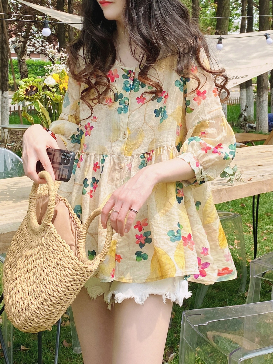 Baby shirt top Korean version loose commuting sweet foreign style floral high end ramie shaggy shirt middle sleeve lining